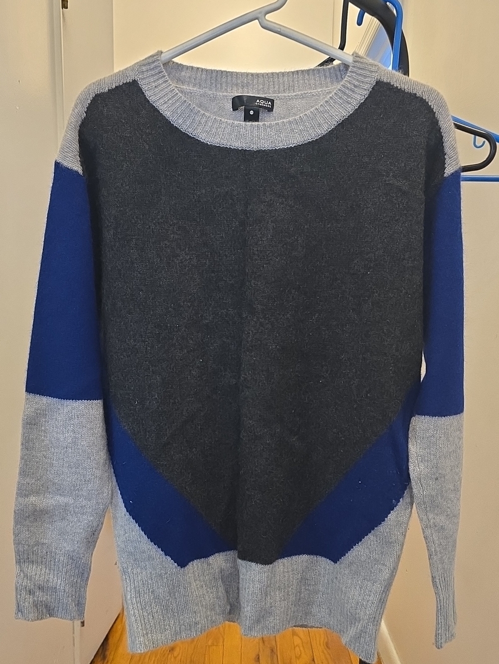 Aqua Women's Colorblock Crewneck Sweater — Charcoal, Royal Blue & Light Gray